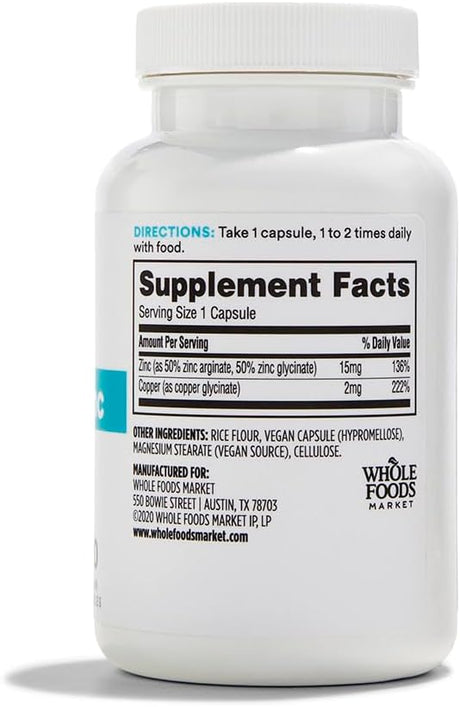 Suplemento de Zinc Quelado con Cobre 120 cápsulas - Whole Foods Market