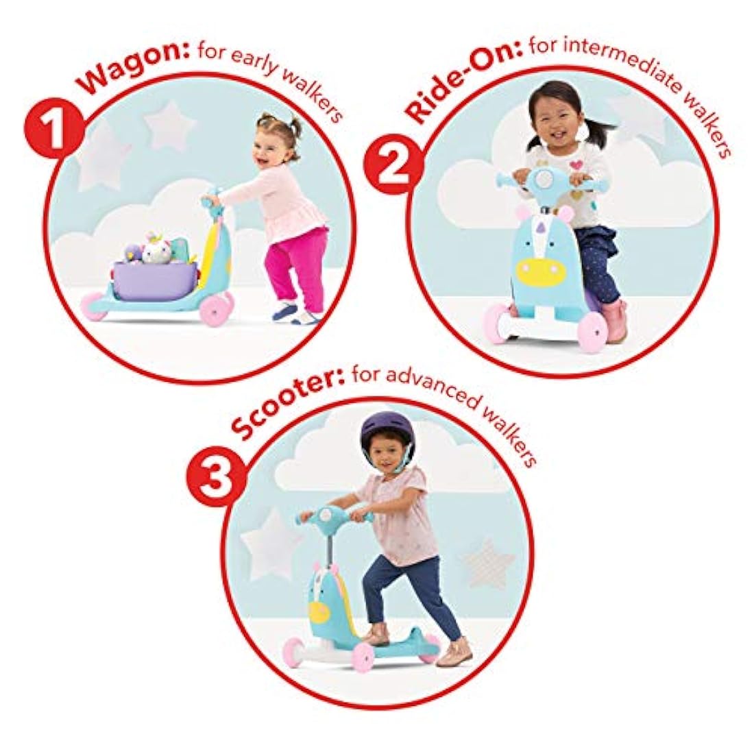 Juguete para niños 3 en 1 con diseño de unicornio.