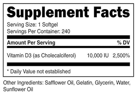 Vitamina D3 10,000 UI, 240 cápsulas de gel blando