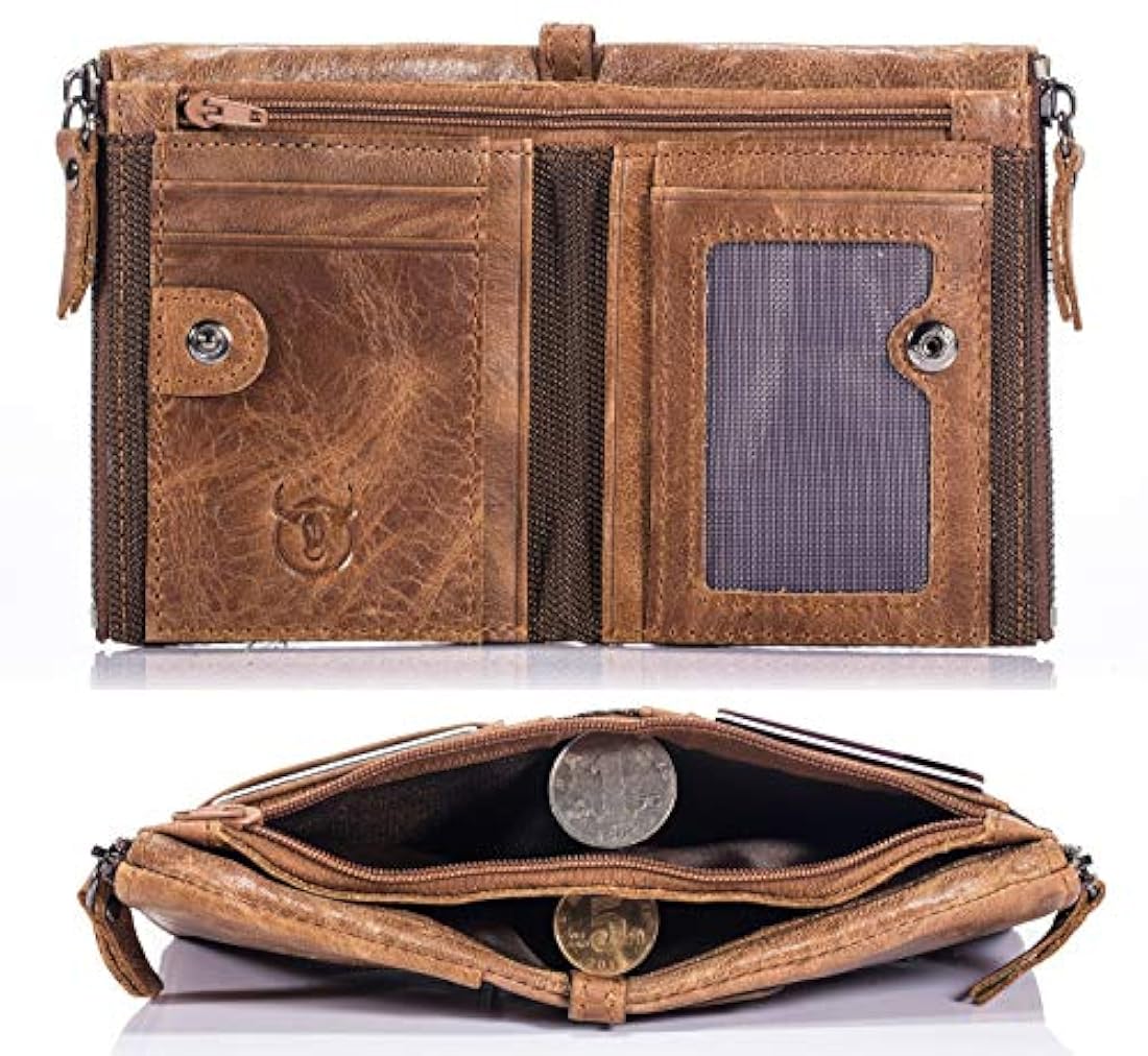 bullcaptain Funda de piel tipo portafolios para hombres Bifold clásico con doble cierre bolsillos