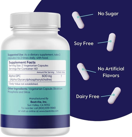 Alpha GPC 600mg - Sin Estearatos, Vegano, No GMO, Sin Gluten