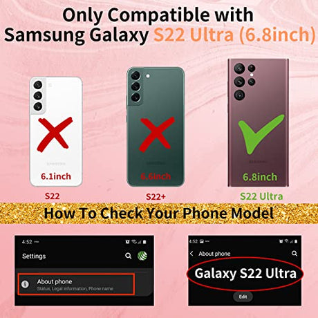 Shorogyt Funda de corazón para Samsung Galaxy S22 Ultra 5G de 6.8 pulgadas para mujer, bonito diseño estético, diseño de corazones de amor, para niñas, color rojo, dorado, lujoso, funda de moda, pantalla + cadena para S22 Ultra 5G