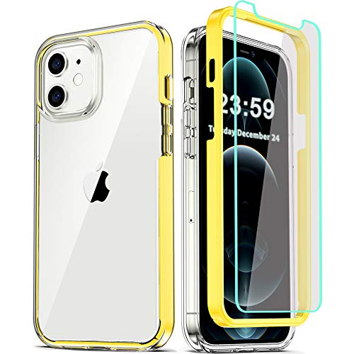 COOLQO- Funda transparente de silicona de cuerpo completo 360º a prueba de golpes, compatible con iPhone 12 / iPhone 12 Pro de 6.1 pulgadas [con 2 protectores de pantalla de vidrio templado], amarillo