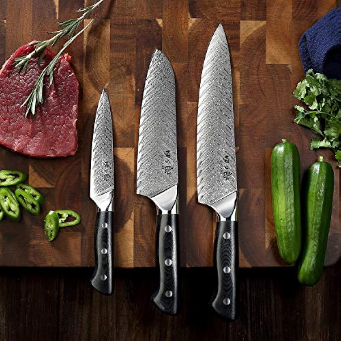 SIXILANG Damasco - Cuchillo de chef, Damasco 3 piezas