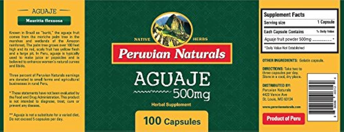 Aguaje 500 mg - 100 ° Cápsulas  polvo de fruta de Perú