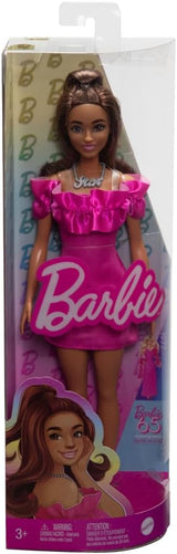 Muñeca de moda #217 con cabello ondulado y vestido rosa