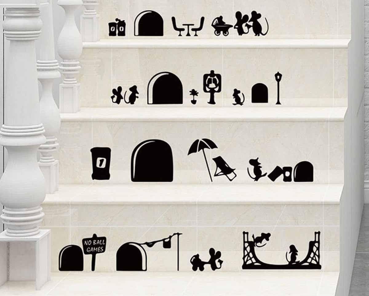 Interesante etiqueta engomada del agujero del ratón extraíble personalizada moda creativa fondo pegatinas de pared para sala de estar escaleras