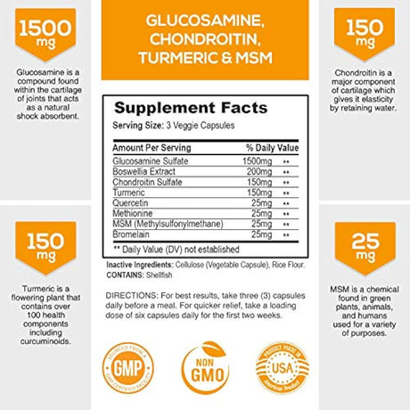Glucosamina con suplemento de condroitina cúrcuma MSM, triple fuerza estandarizada 1500 mg con boswellia y bromelina, fabricado en Estados Unidos, para un apoyo y comodidad saludables en las articulaciones, 60 cápsulas