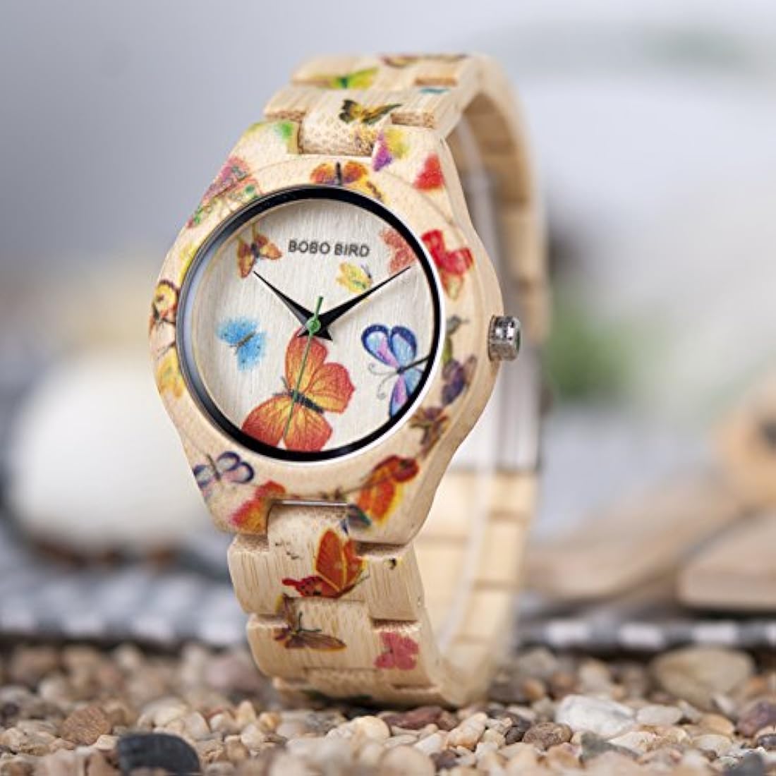 Reloj de bambú para mujer Mariposa grabado  casuales