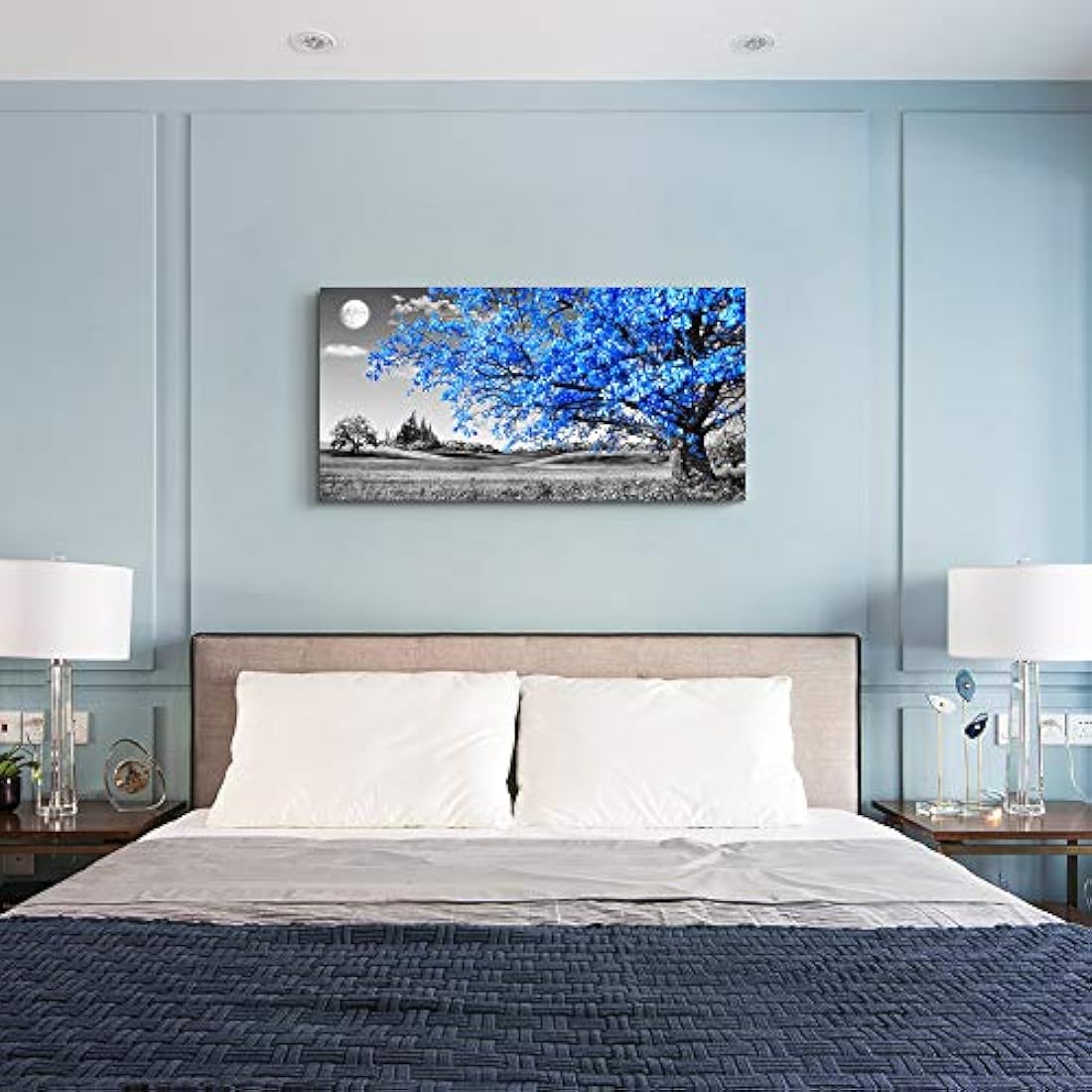 Arte de pared para sala de estar simple vida azul árbol luna