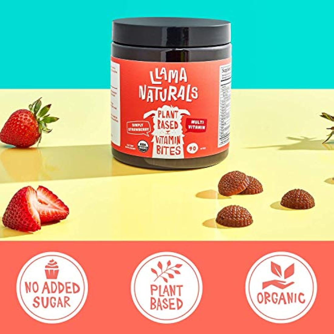 Llama Naturals Bites vitamínicos a base de plantas (adultos); orgánico; sin azúcar añadido, edulcorantes o sintéticos; gominola multivitamínica vegana (D3, B12, folato y más; 90 mordeduras de fruta real (30 días), 1