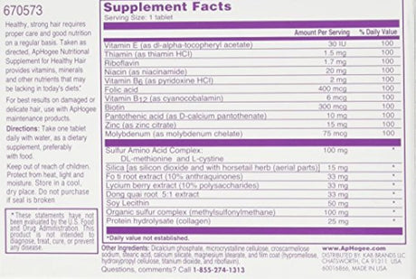 APHOGEE Suplemento vitamínico para cabello sano 30 tabletas