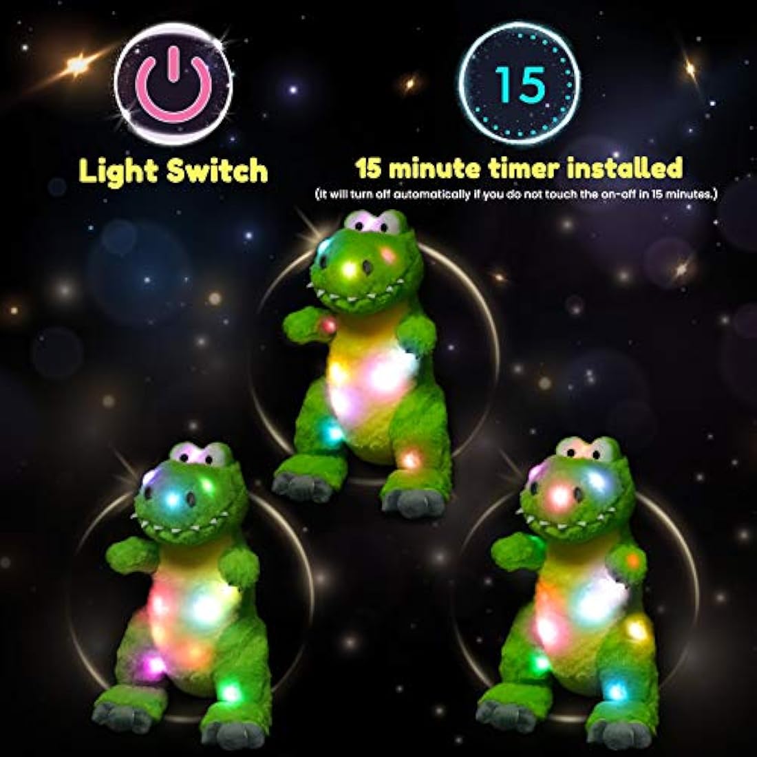 Peluche de dinosaurio color verde con luces LED. Hopearl