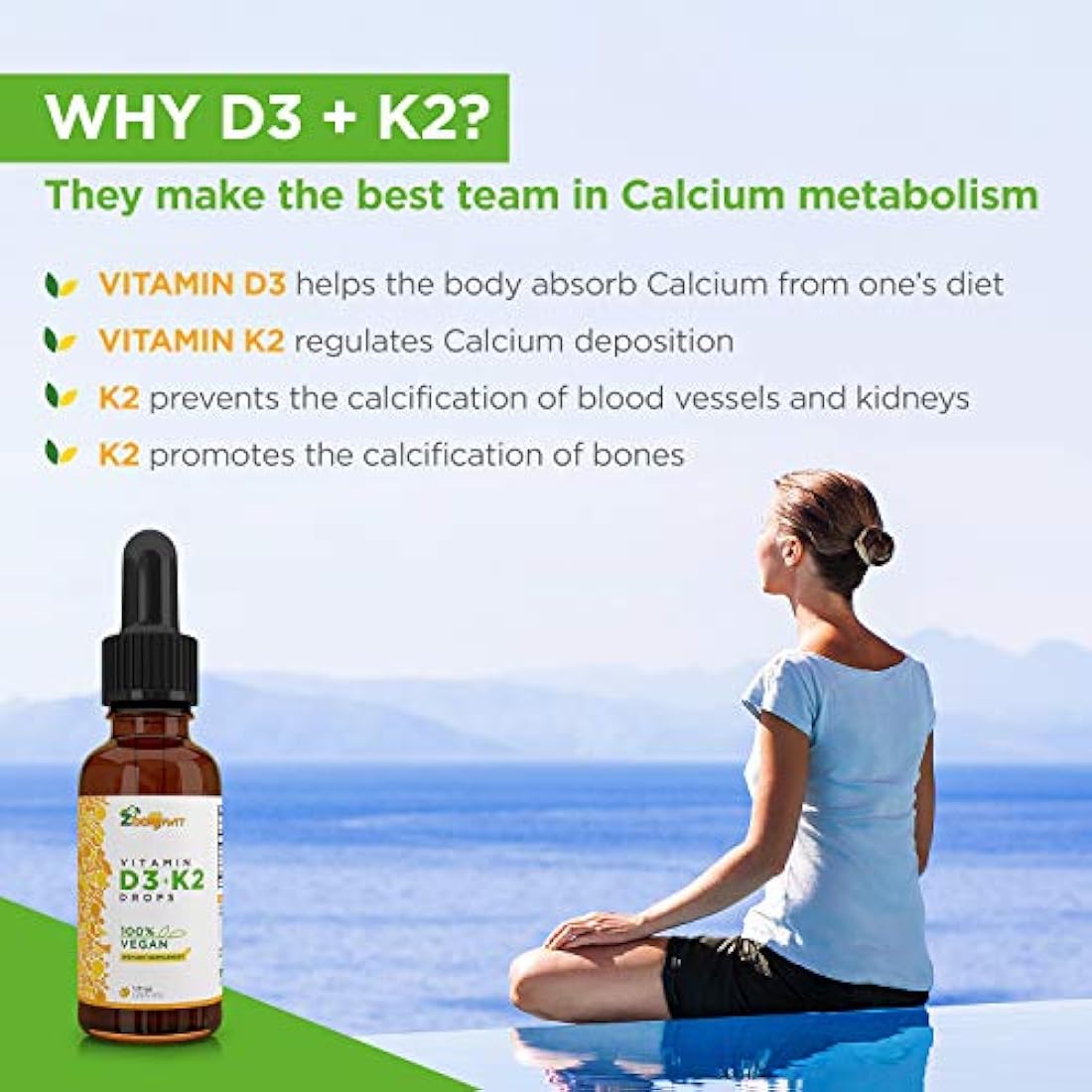 Vitamina vegana D3 K2 gotas líquidas con aceite de coco
