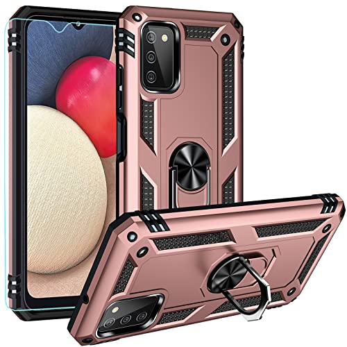 PUSHIMEI Funda para Samsung Galaxy A03S con protector de pantalla HD [grado militar de 16 pies, probado en caídas] Funda protectora con soporte de anillo magnético para Samsung Galaxy A03S, oro rosa