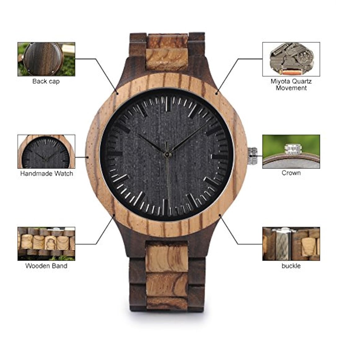 Reloj de madera para hombre, reloj de cuarzo de madera