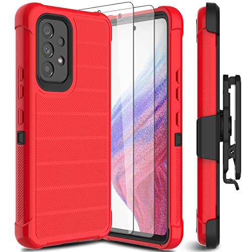Leptech Funda para Samsung Galaxy A53 5G con protector de pantalla de cristal, [Serie Funda] Clip de cinturón de protección, resistente, resistente, resistente, resistente, militar, a prueba de golpes, cubierta para teléfono celular (rojo)