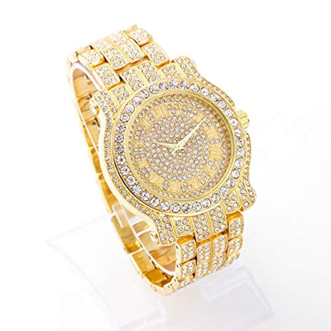 Reloj para hombre de 45 mm con diamantes helados con circonita cúbica y correa de metal brillante, movimiento de cuarzo, tamaño ajustable