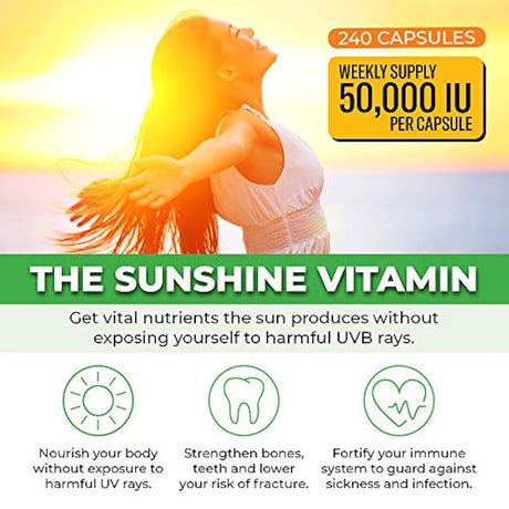 Vitamin D3 50,000 IU Weekly Supplement - 240 Vegetable Capsules - For Bones, Teeth, Immune System and Muscle Function - by ForestLeaf