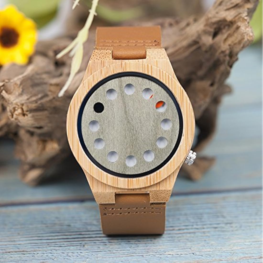Reloj de madera de bambú para hombre 12 agujeros Temporizador