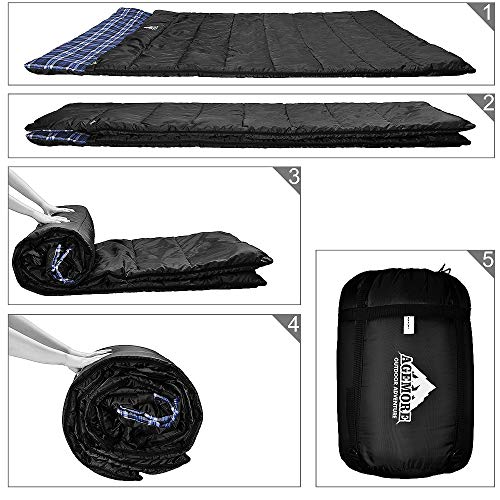 Saco de dormir doble de franela de algodón para camping, mochileros o senderismo. Saco de dormir impermeable para 2 personas para adultos o adolescentes. Camión, tienda de campaña o almohadilla de dormir, ligero (almohadas no incluidas)