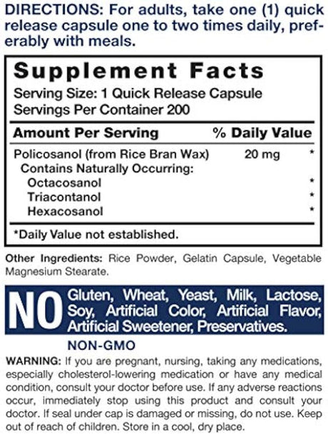 Policosanol 20 mg Soporta el colesterol y la salud cardíaca