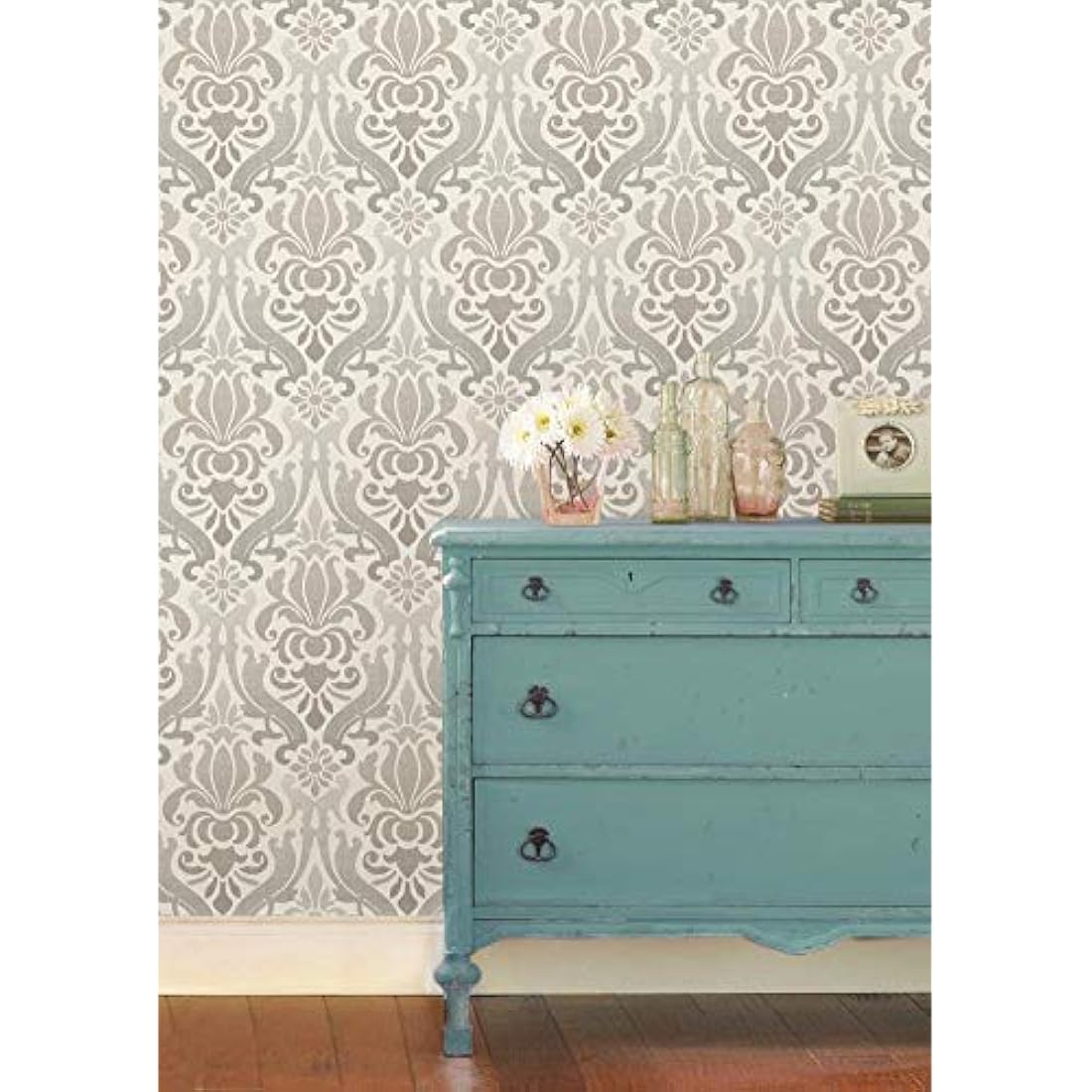 Papel pintado en vinilo estilo Damasco- gris para pared
