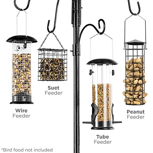 Best Choice Products Estación de alimentación para pájaros de 6 ganchos, kit de alimentación múltiple de acero para atraer pájaros silvestres con 4 comederos de pájaros, bandeja de malla, baño de pájaros, base de 5 puntas, color negro
