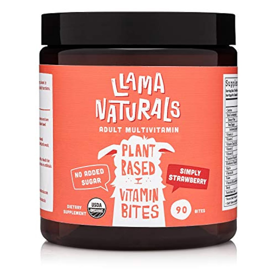 Llama Naturals Bites vitamínicos a base de plantas (adultos); orgánico; sin azúcar añadido, edulcorantes o sintéticos; gominola multivitamínica vegana (D3, B12, folato y más; 90 mordeduras de fruta real (30 días), 1