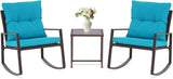 SUNCROWN Juego de 3 piezas de bistró mecedora para exteriores, muebles de mimbre negro, sillas de porche, juegos de conversación con mesa de café de cristal, azul claro