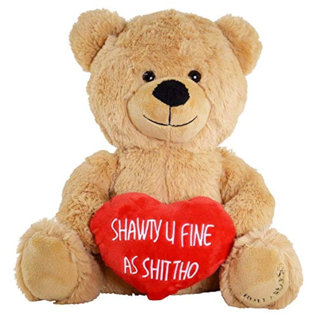 Peluche de oso color marrón con corazón rojo.Hollabears