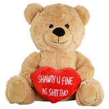 Peluche de oso color marrón con corazón rojo.Hollabears