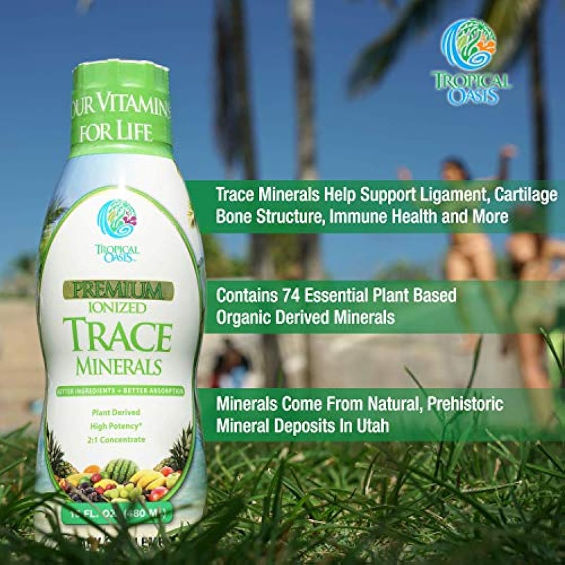 Formula líquida premium ionizada basada en planta, de oligominerales, 74 minerales esenciales en forma líquida para hasta 96% absorción, 16 onzas, 32 porciones, de Tropical Oasis