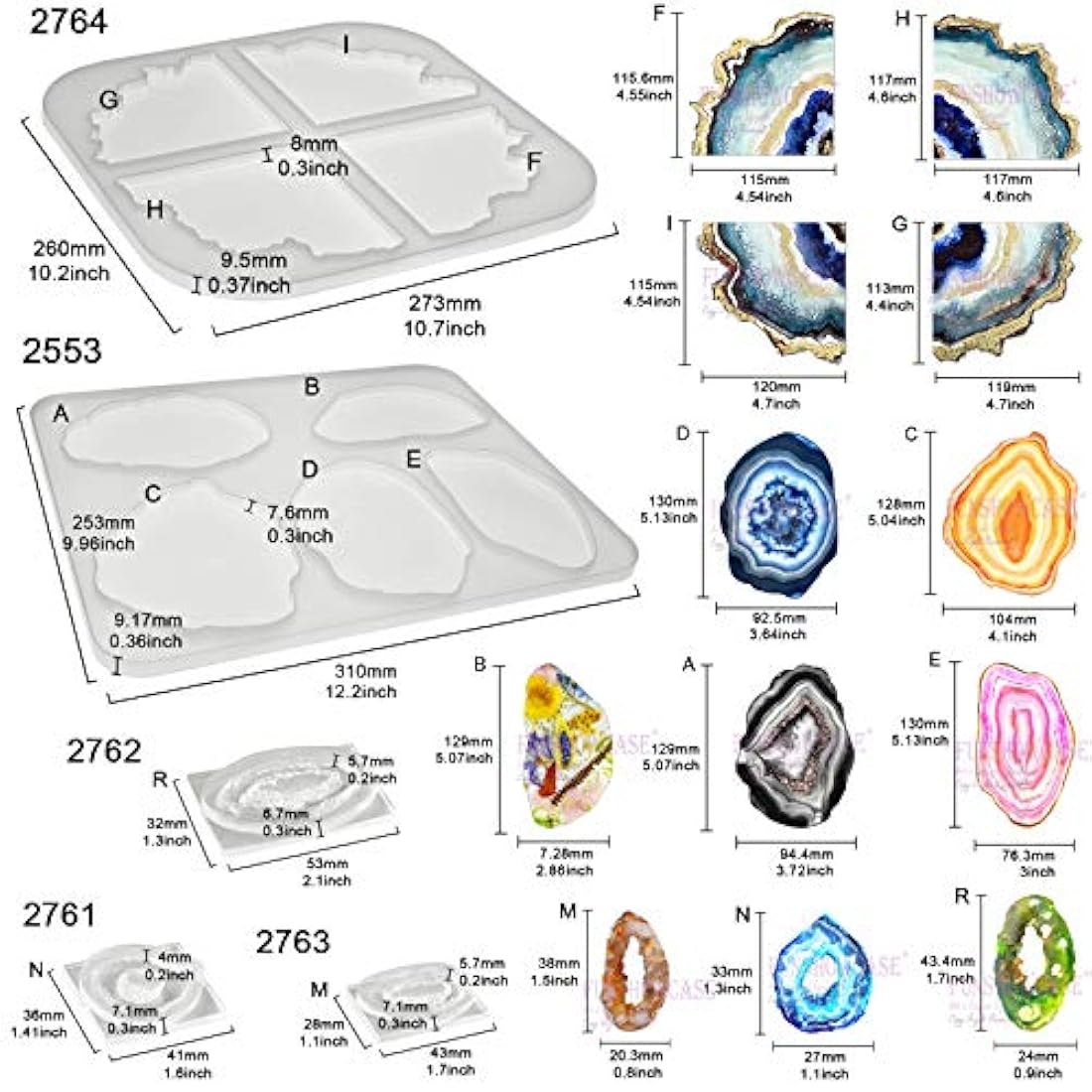 Geode Agate Coaster Silicone Epoxy Resin Molds 11 Shapes Assortment 1.4inch-5.2inch for Polymer Clay Craft Soap Jewelry Making Concrete Cement