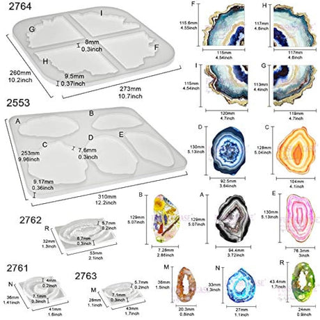 Geode Agate Coaster Silicone Epoxy Resin Molds 11 Shapes Assortment 1.4inch-5.2inch for Polymer Clay Craft Soap Jewelry Making Concrete Cement