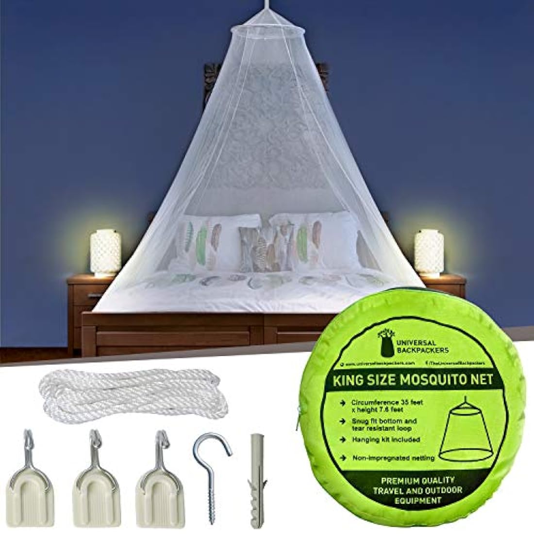 Mosquitera universal para mochileros, para camas individuales a King-Sized - 2 aberturas o toldo de cama totalmente cerrado - Diseño cónico para decoración o viaje - Bolsa gratis y kit de colgar para una fácil instalación