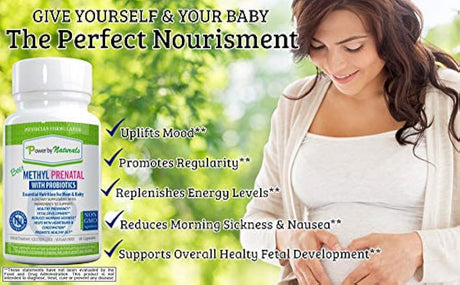 Power By Naturals - Best Methyl Prenatal Vitamins with Probiotics, l-methylfolate, Methylcobalamin (Active B12), Iron, Iodine - All Essential Nutrients for Healthy Mom and Baby -60-Caps-Dr Formulated
