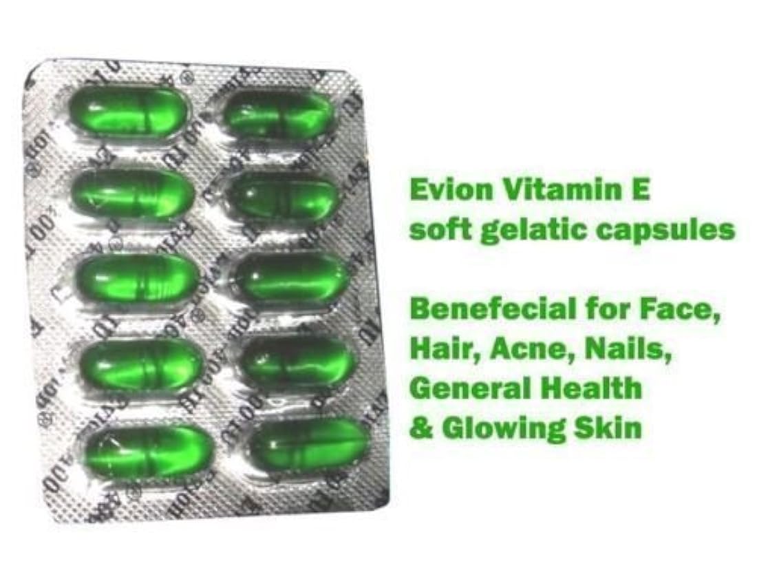 50 cápsulas de Evion Vitamina E para la cara que brilla intensamente, cabello fuerte, acné, uñas, piel brillante 400mg