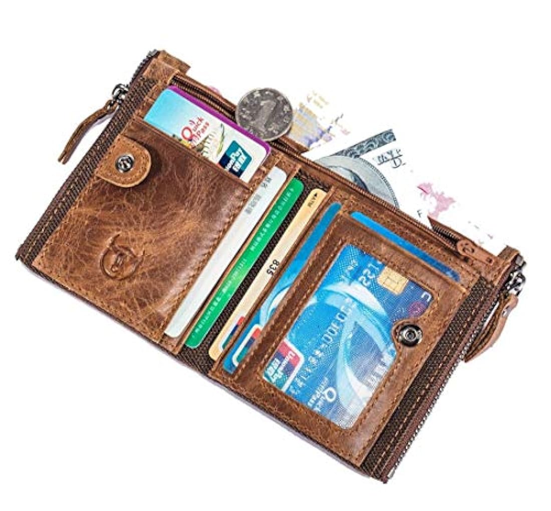 bullcaptain Funda de piel tipo portafolios para hombres Bifold clásico con doble cierre bolsillos