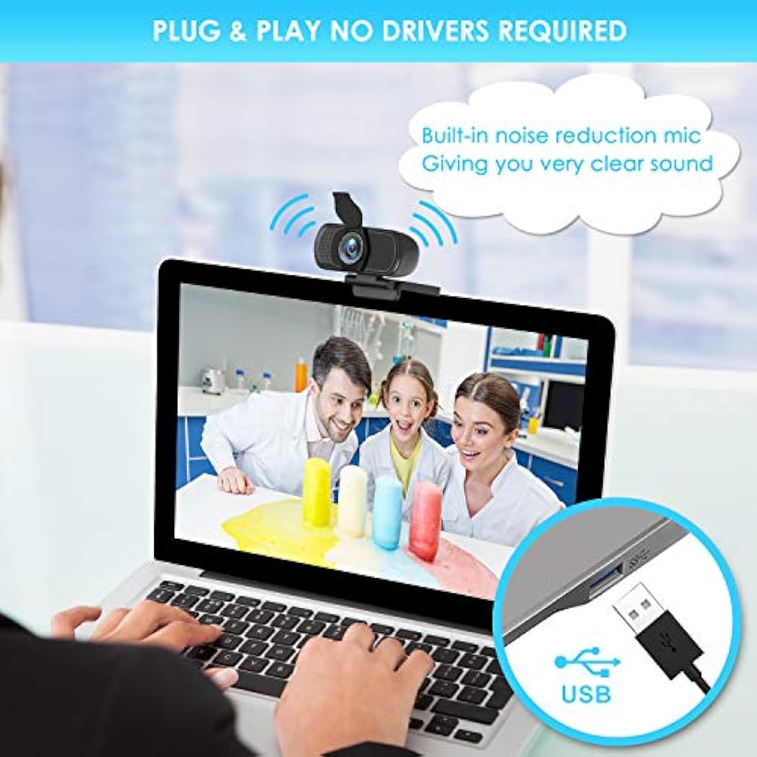 Webcam HD 1080P con obturador de privacidad y trípode
