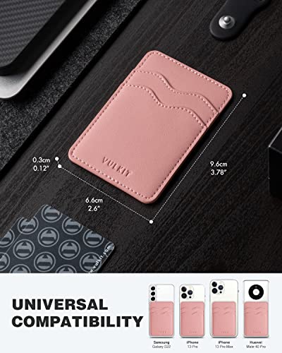 VULKIT Portatarjetas de teléfono de piel delgada con bolsillo adhesivo RFID bloqueo de tarjetas de crédito, pegatina para la parte posterior del smartphone, Rosa
