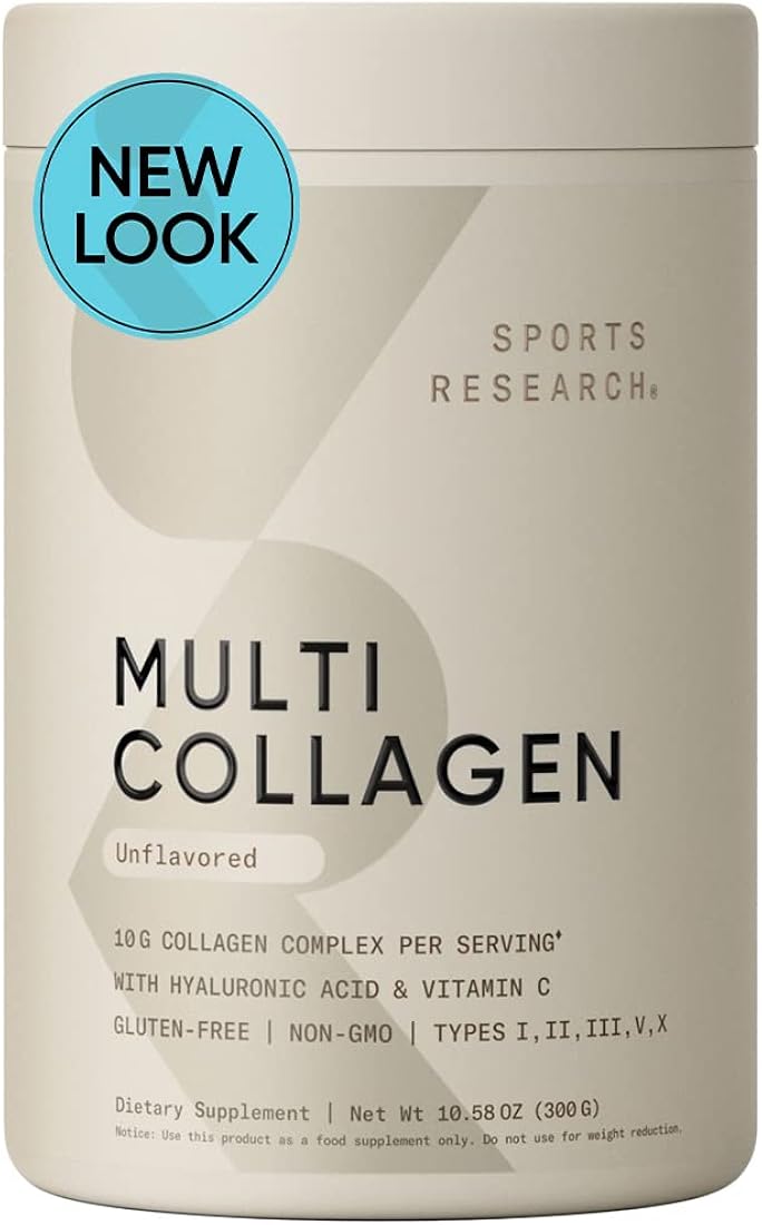 Polvo de proteína de múltiples colágenos (tipo I, II, III, V, X) con ácido hialurónico + vitamina C | 5 tipos de colágeno a base de alimentos, ideal para bebidas de café y proteínas, verificado sin OMG, 30 porciones (sin sabor)