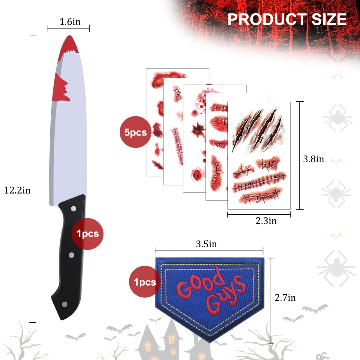 7Pcs Accesorios de Halloween, Cuchillo Falso, Parche, Tatuajes
