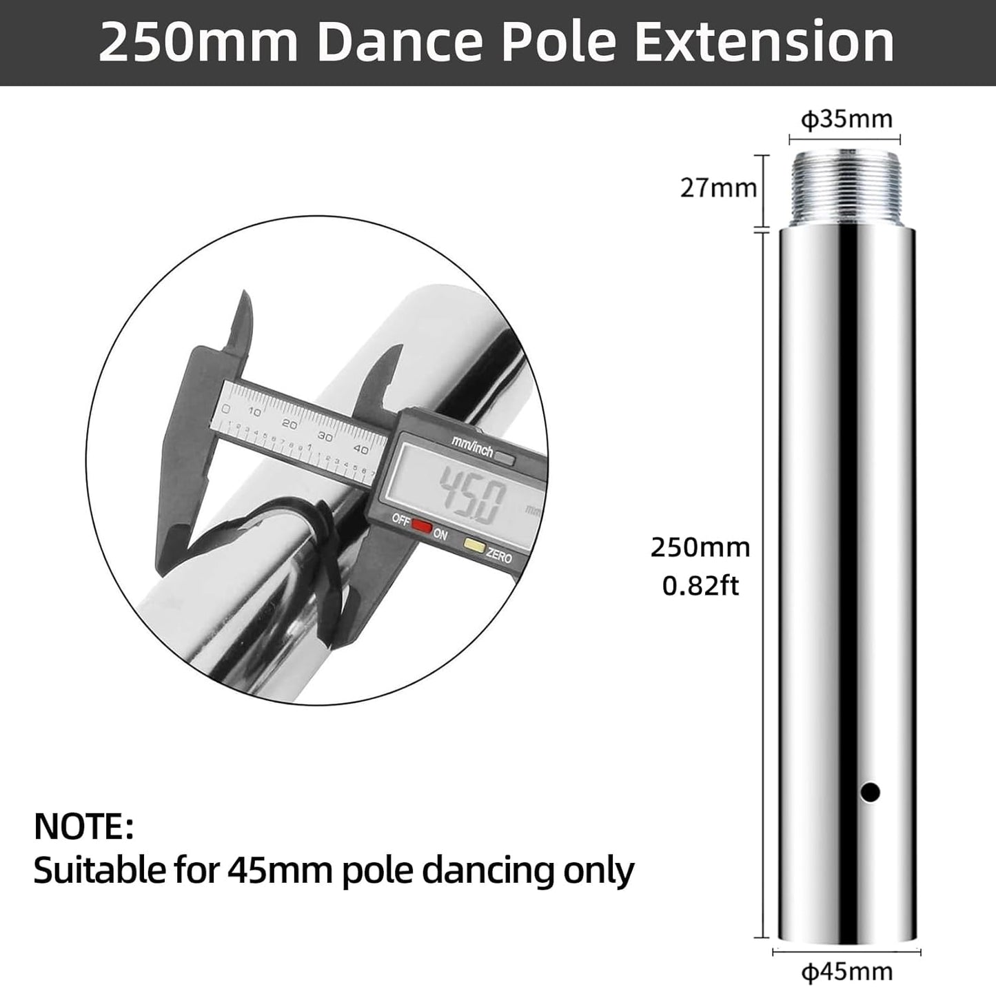 Extensión de Poste de Baile de 1.772 in, Acero Inoxidable