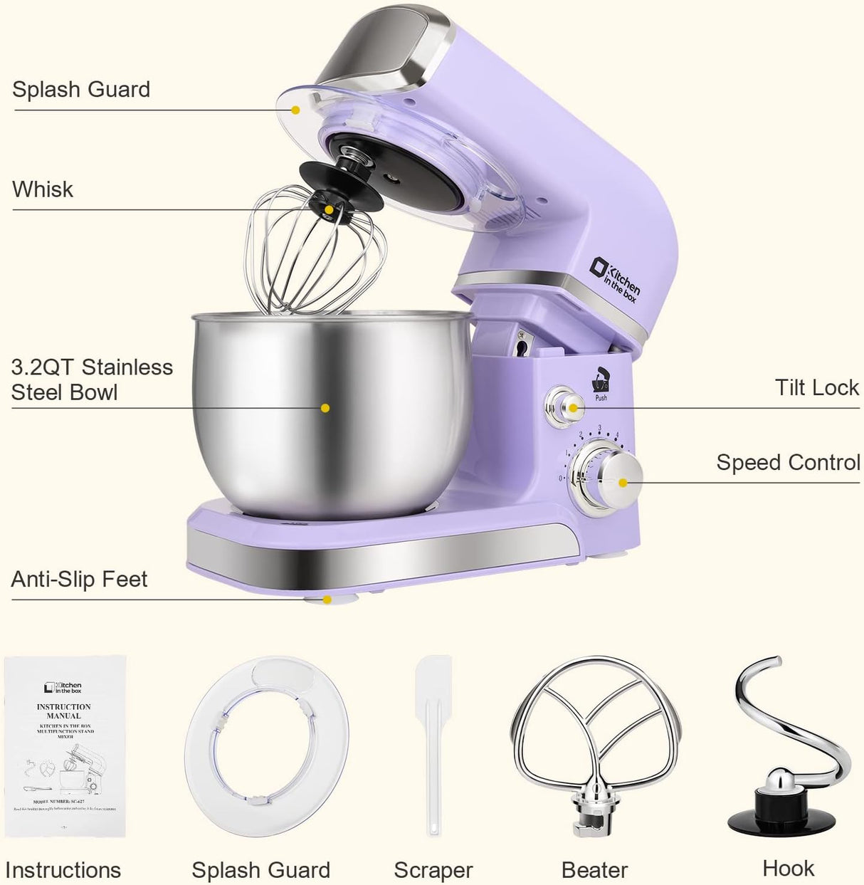 Mezcladora de cocina, Kitchen in the Box, 6 velocidades, 3.2Qt