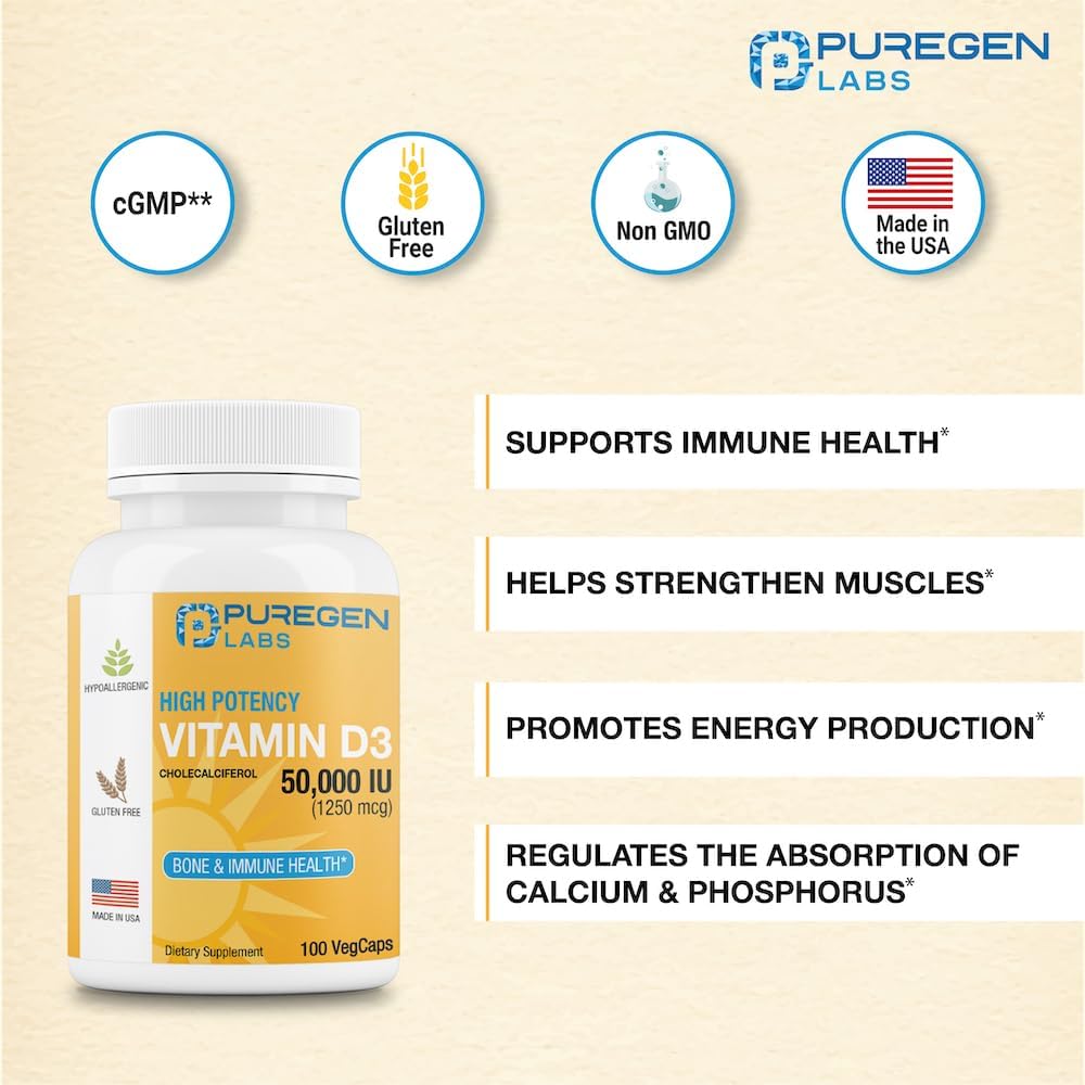 Vitamin D3 50,000 IU Puregen Labs, 100 Cápsulas Vegetales