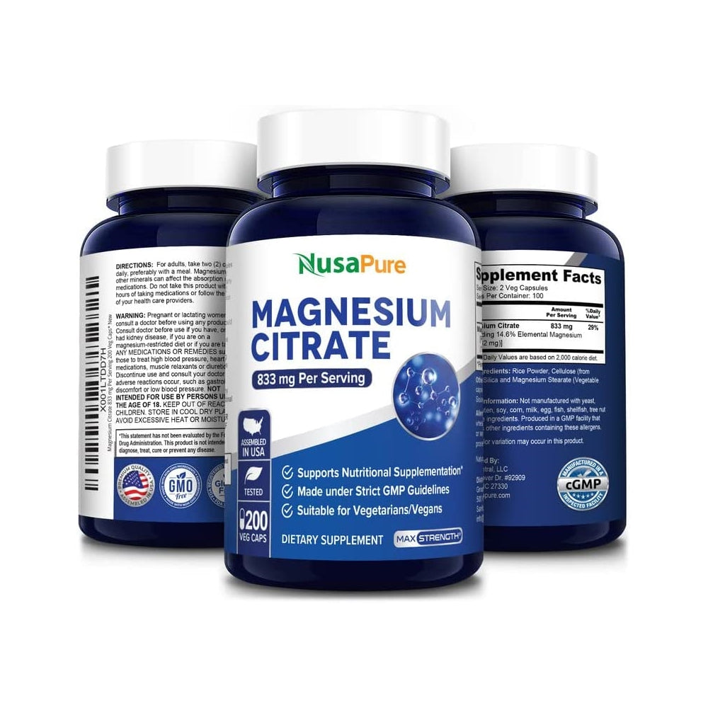 Suplemento de citrato de magnesio 833 mg  200 cápsulas