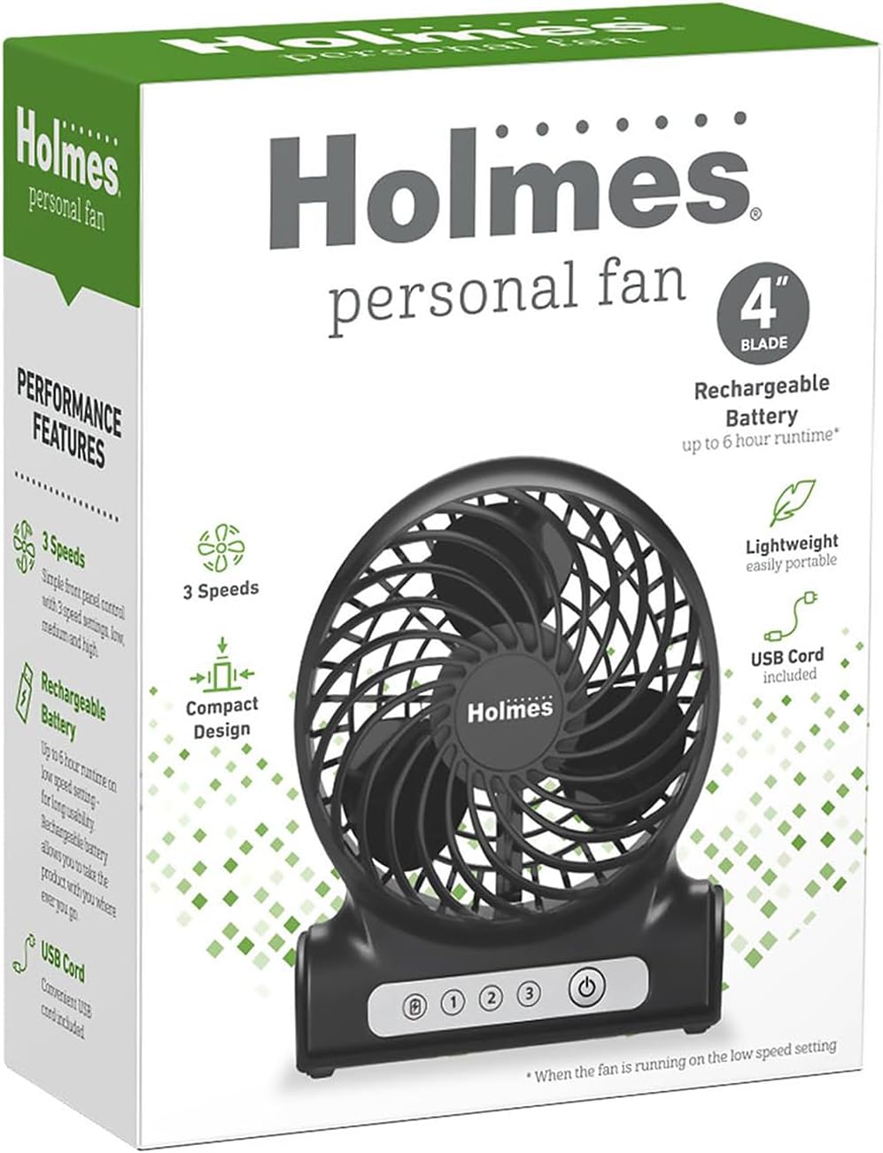 HOLMES Ventilador Personal 4, Recargable, 3 Velocidades, Portátil