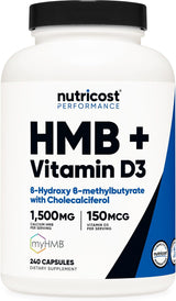 Nutricost HMB 1500mg + Vitamina D3 6000UI, 240 cápsulas