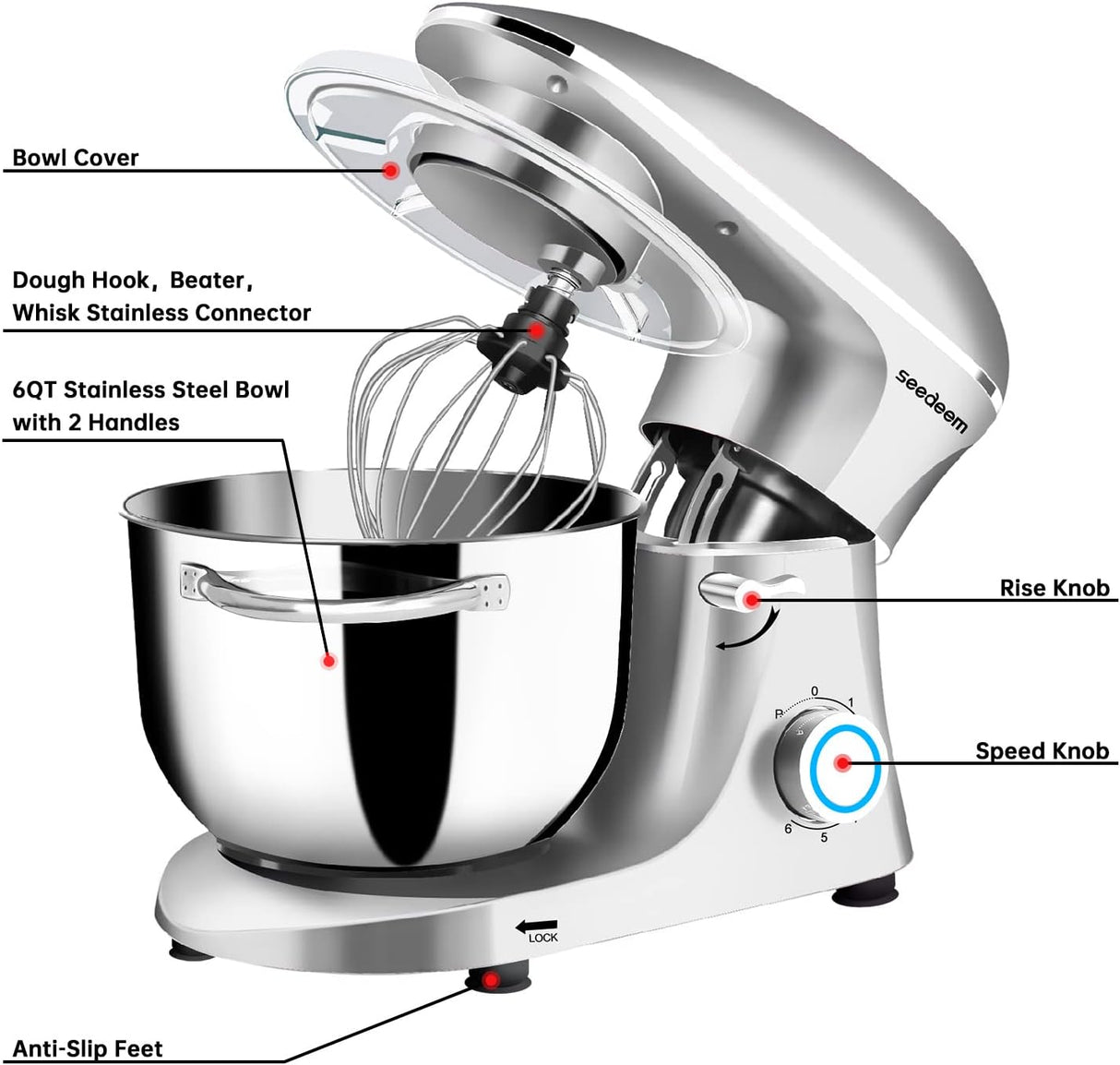 Batidora de Pie Seedeem 6Qt, 660W, 6 Velocidades, Modelo SM-660